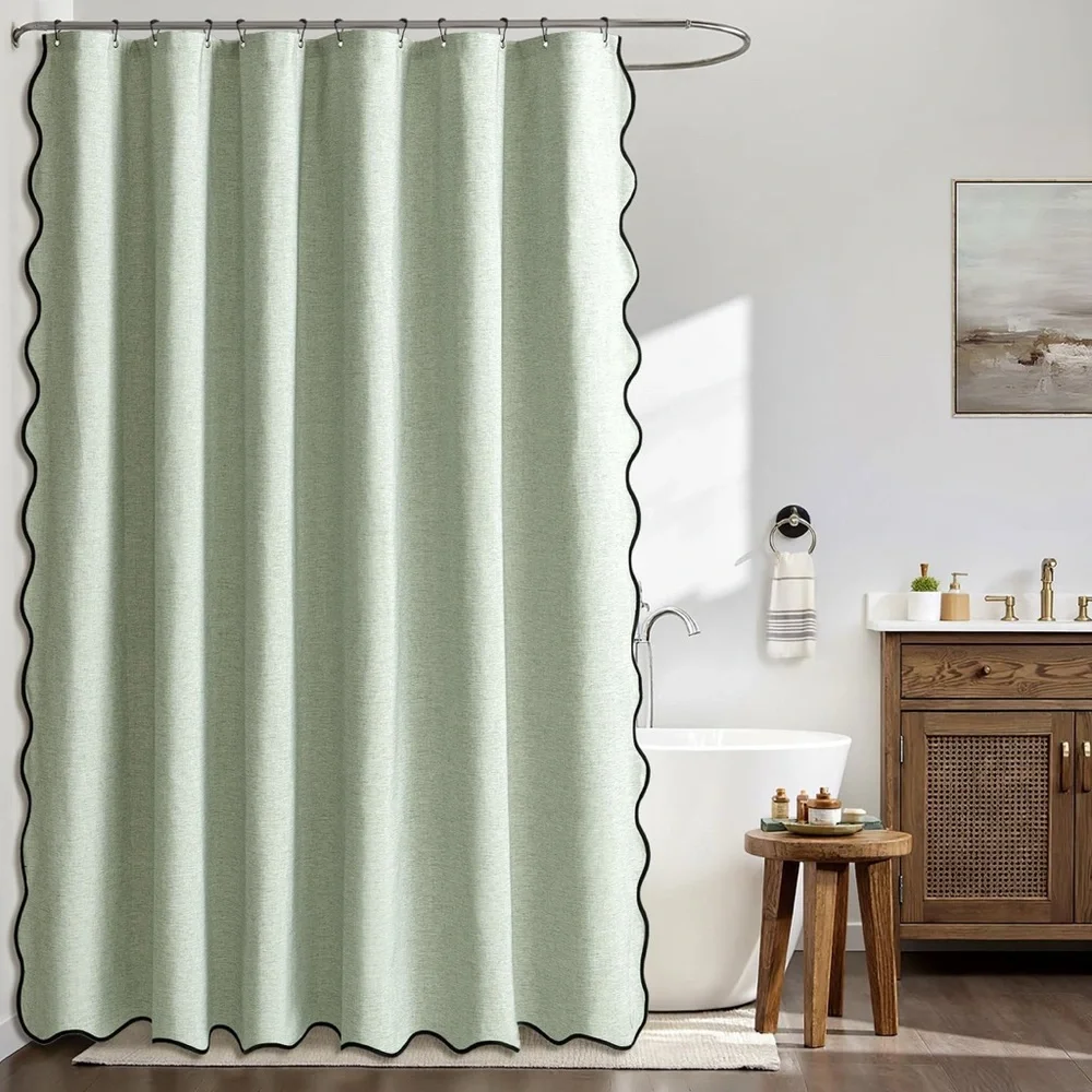 Sage Green Shower Curtain Linen with 12 Metal Hooks Black Scalloped Border